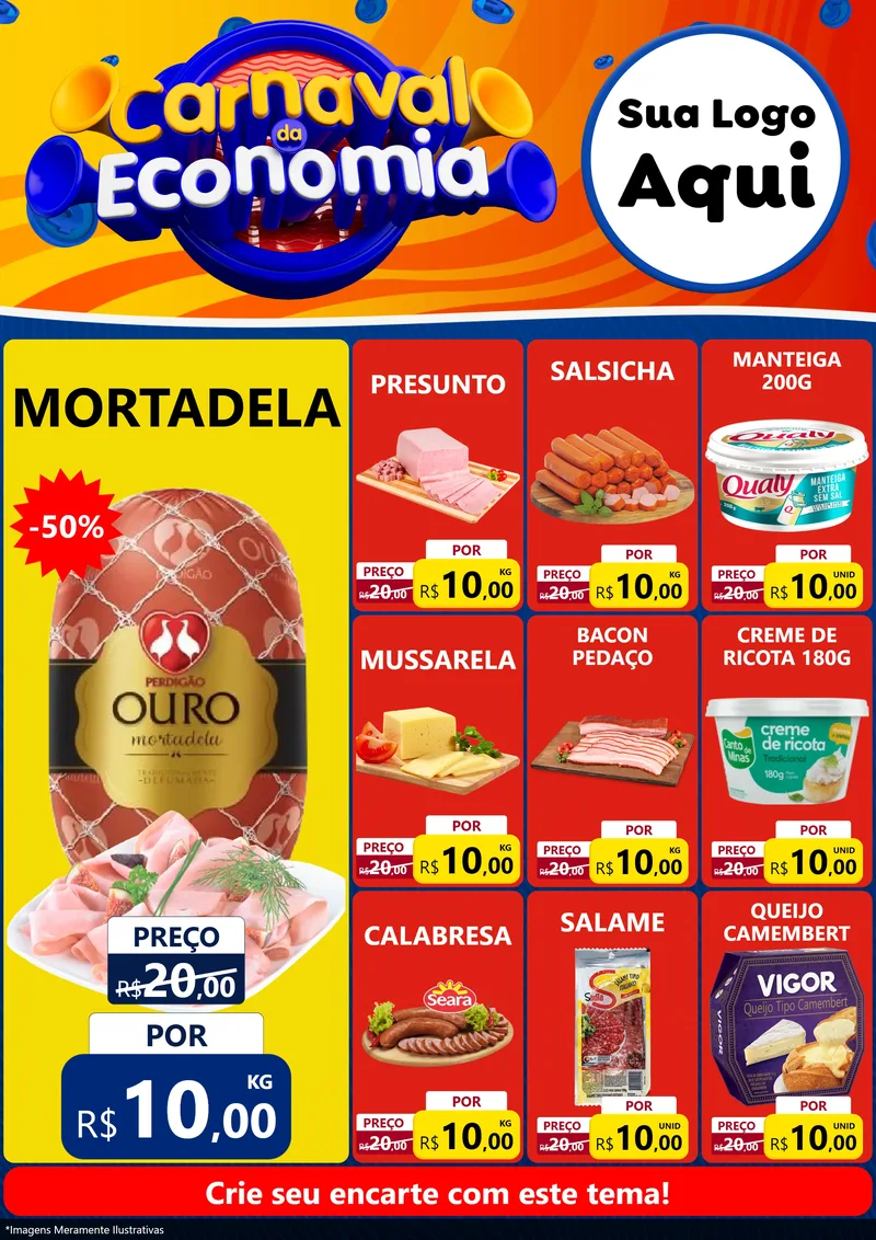 Modelo de Encarte para Encarte A4 Vertical com o tema Carnaval da Economia para Frios e Laticínios