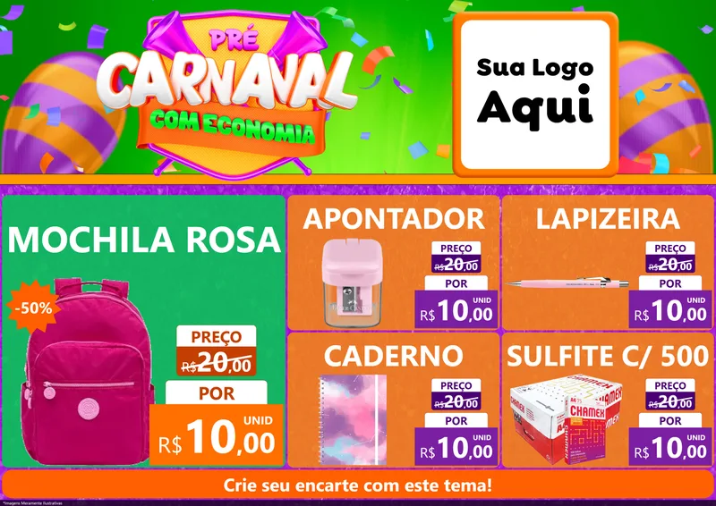 Modelo de Encarte para Encarte A4 Horizontal com o tema Pré-Carnaval Com Economia para Papelaria