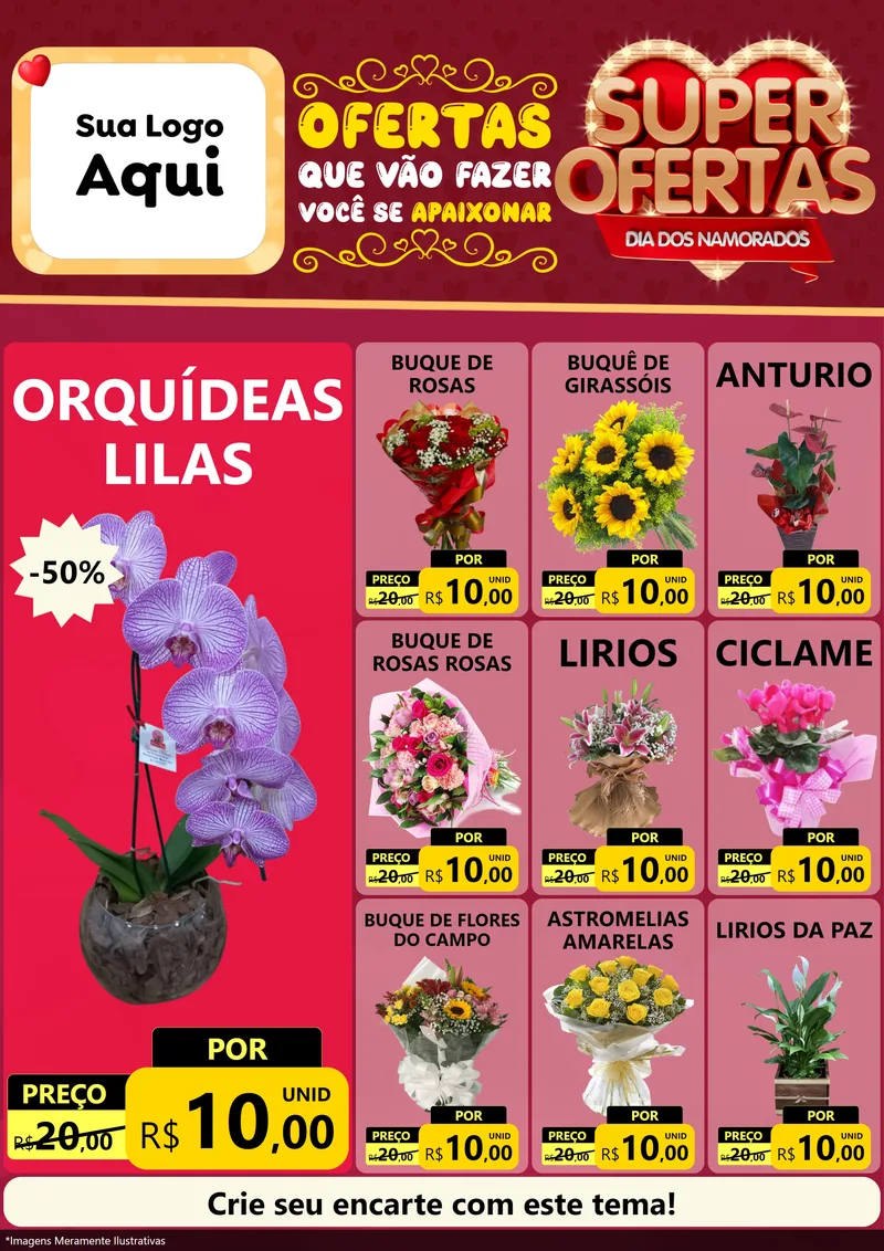 Modelo de Encarte para Encarte A4 Vertical com o tema Dia dos Namorados para Floricultura e jardim