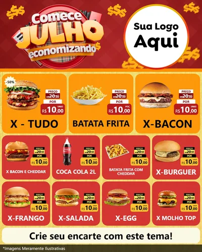 Modelo de Rede Social para Feed Instagram com o tema Comece Julho Economizando para Hamburgueria