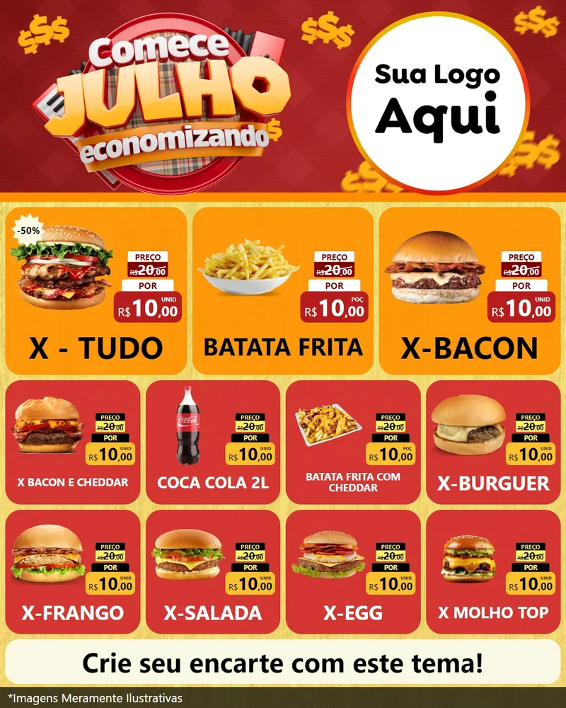 Modelo de Rede Social para Feed Instagram com o tema Comece Julho Economizando para Hamburgueria