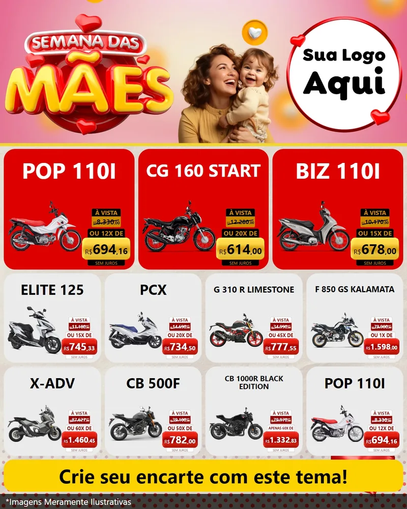 Modelo de Rede Social para Feed Instagram com o tema Semana das Mães para Concessionaria de Motos