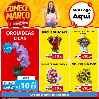 Modelo de Rede Social para Feed Facebook com o tema Comece Março Economizando para Floricultura e jardim