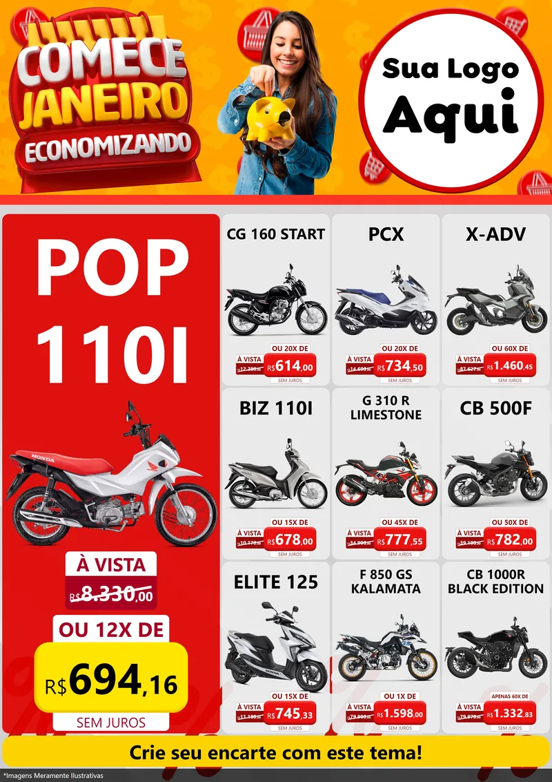 Modelo de Encarte para Encarte A4 Vertical com o tema Comece Janeiro Economizando para Concessionaria de Motos