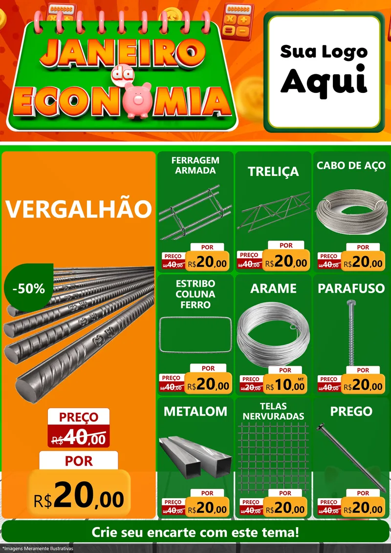 Modelo de Encarte para Encarte A4 Vertical com o tema Janeiro da Economia para Ferragens