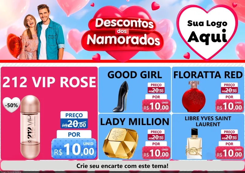 Modelo de Encarte para Encarte A4 Horizontal com o tema Descontos dos Namorados para Perfumes