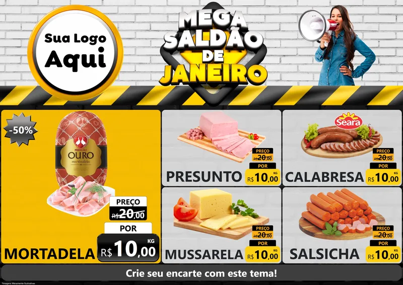 Modelo de Encarte para Encarte A4 Horizontal com o tema Mega Saldão de Janeiro para Frios e Laticínios