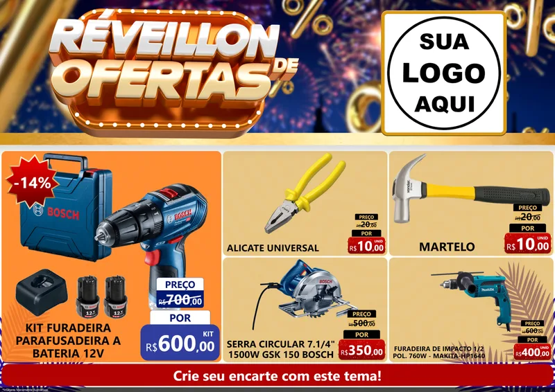 Modelo de Encarte para Encarte A4 Horizontal com o tema Réveillon de Ofertas para Maquinas e Ferramentas
