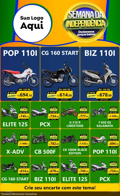 Modelo de Encarte para Encarte Grande com o tema Semana da Independência Declaramos Preços Baixos para Concessionaria de Motos