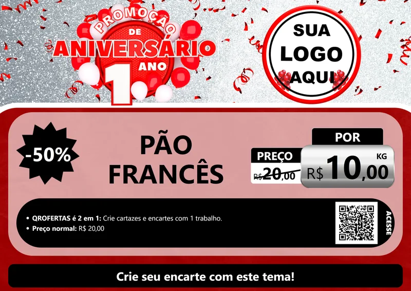 Modelo de Cartaz para Cartaz A4 Horizontal com o tema Promoção de Aniversário - 1 Ano para Padaria