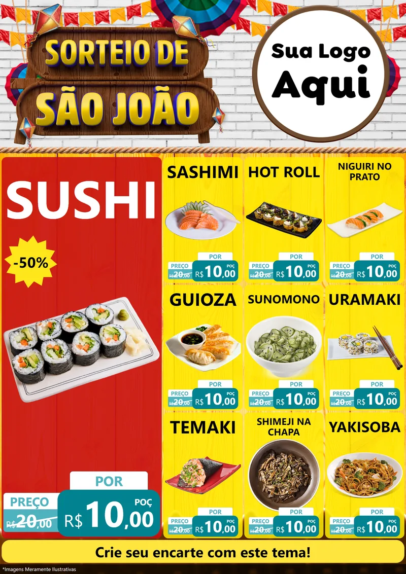 Modelo de Encarte para Encarte A4 Vertical com o tema Sorteio de São João para Comida japonesa