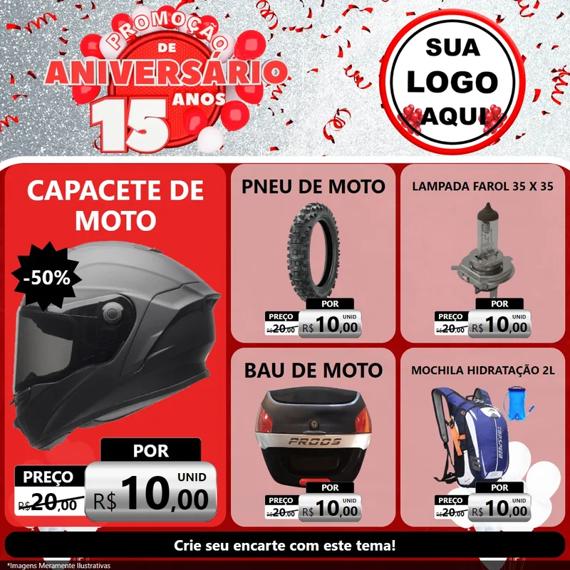 Modelo de Rede Social para Feed Facebook com o tema Promoção de Aniversário - 15 Anos para Moto peças