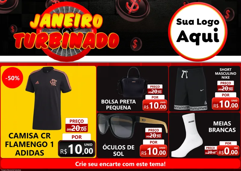 Modelo de Encarte para Encarte A4 Horizontal com o tema Janeiro Turbinado para Roupas e acessórios