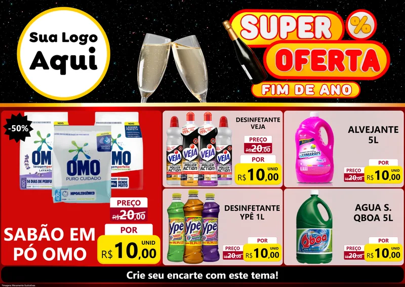 Modelo de Encarte para Encarte A4 Horizontal com o tema Super Oferta Fim de Ano para Produtos de Limpeza