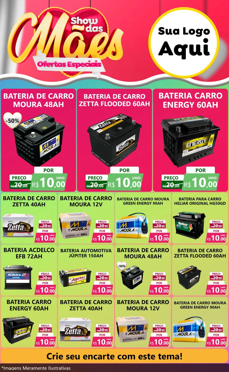 Modelo de Encarte para Encarte Grande com o tema Show das Mães - Ofertas Especiais para Baterias Elétricas
