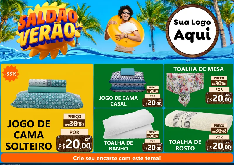 Modelo de Encarte para Encarte A4 Horizontal com o tema Saldão de Verão para Cama, Mesa e Banho