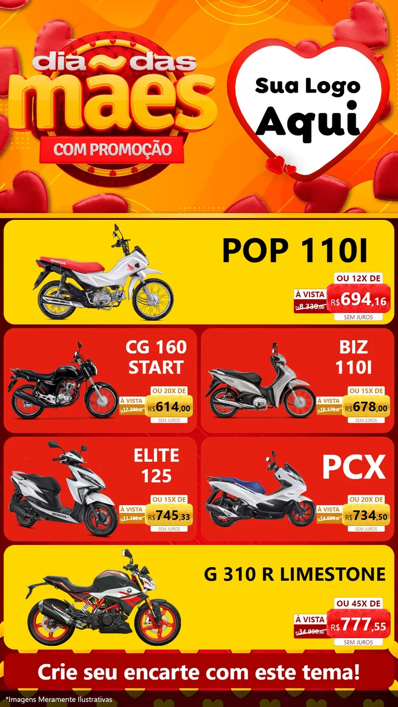Modelo de TV para TV Vertical com o tema Dia das Mães com Promoção para Concessionaria de Motos