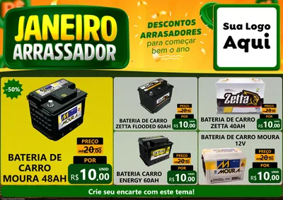 Modelo de Encarte para Encarte A4 Horizontal com o tema Janeiro Arrasador para Baterias Elétricas
