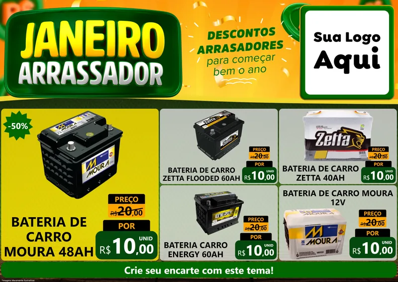 Modelo de Encarte para Encarte A4 Horizontal com o tema Janeiro Arrasador para Baterias Elétricas
