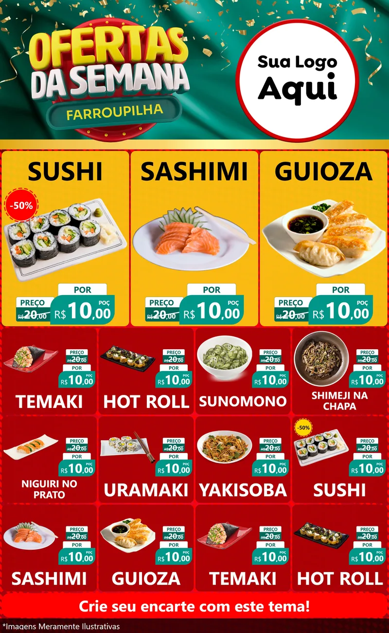 Modelo de Encarte para Encarte Grande com o tema Ofertas da Semana Farroupilha para Comida japonesa