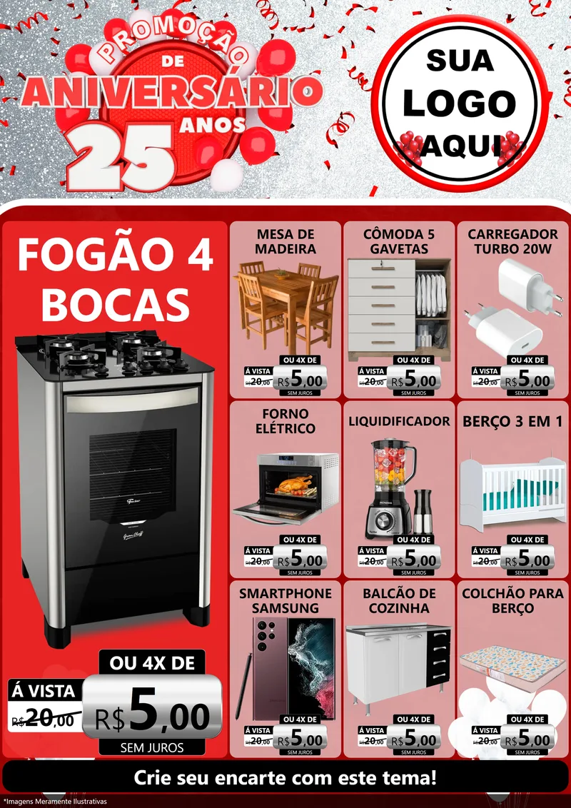 Modelo de Encarte para Encarte A4 Vertical com o tema Promoção de Aniversário - 25Anos para Móveis e Eletro