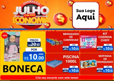 Modelo de Encarte para Encarte A4 Horizontal com o tema Operação Julho Com Mais Economia para Brinquedos