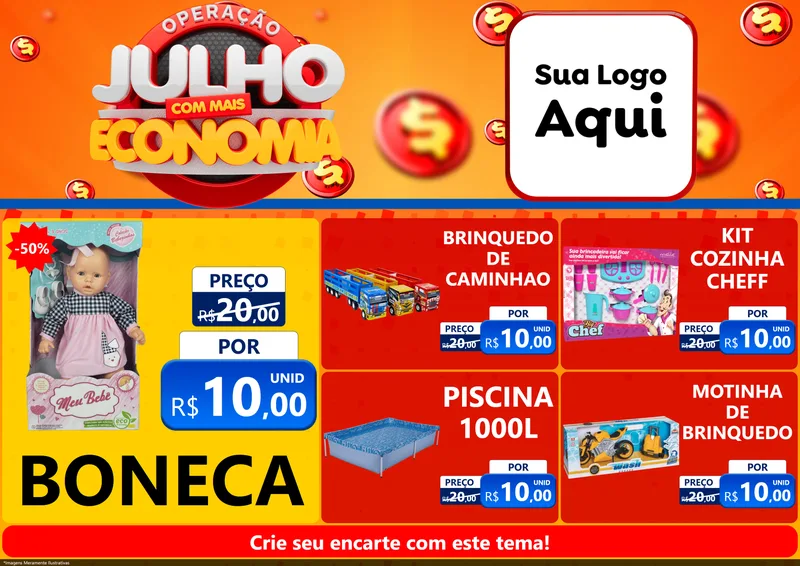 Modelo de Encarte para Encarte A4 Horizontal com o tema Operação Julho Com Mais Economia para Brinquedos