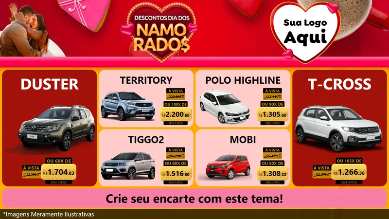 Modelo de TV para TV Horizontal com o tema Descontos Dia dos Namorados para Concessionaria de Carros