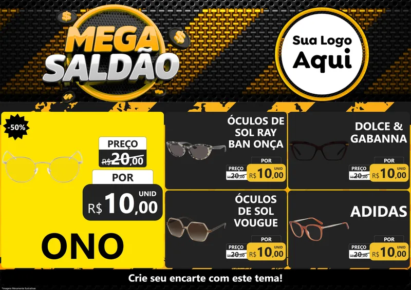 Modelo de Encarte para Encarte A4 Horizontal com o tema Mega Saldão para Óticas