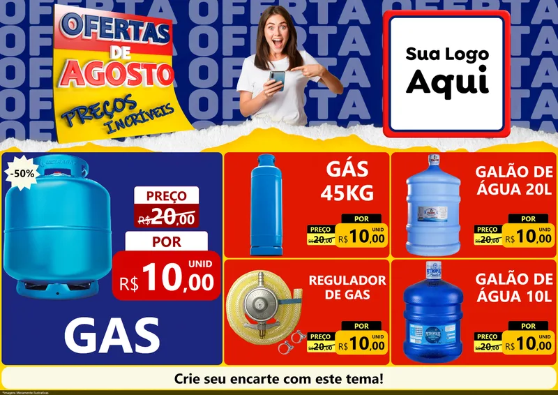 Modelo de Encarte para Encarte A4 Horizontal com o tema Ofertas de Agosto - Preços Incríveis para Água e gás