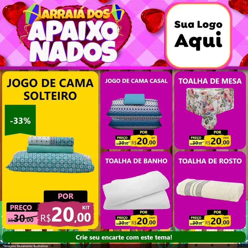 Modelo de Rede Social para Feed Facebook com o tema Arraiá dos Apaixonados para Cama, Mesa e Banho