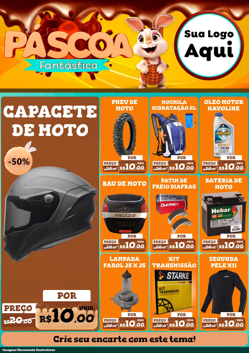 Modelo de Encarte para Encarte A4 Vertical com o tema Páscoa Fantástica para Moto peças