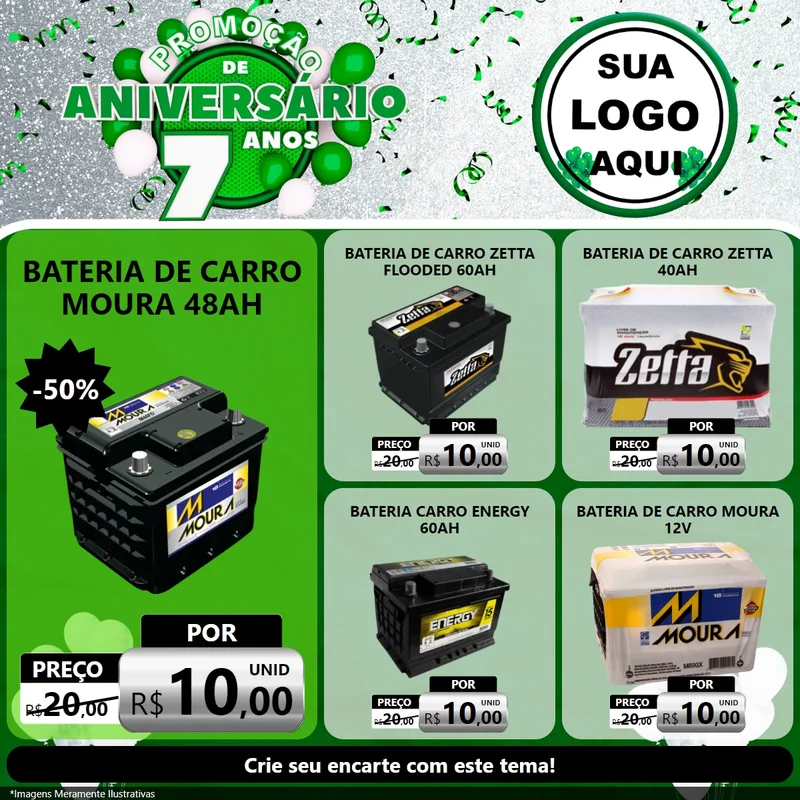 Modelo de Rede Social para Feed Facebook com o tema Promoção de Aniversário - 7 Anos para Baterias Elétricas