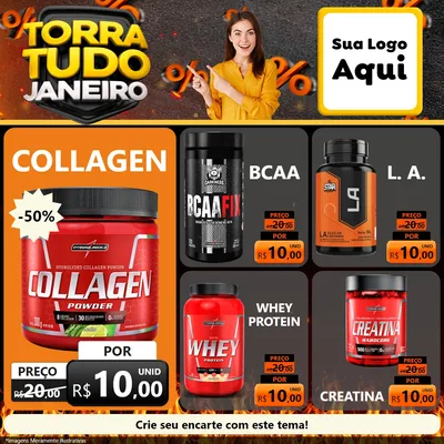 Modelo de Rede Social para Feed Facebook com o tema Torra Tudo Janeiro para Suplementos alimentares