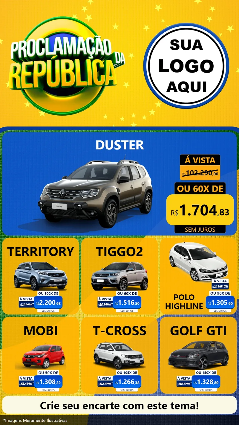 Modelo de Rede Social para Stories com o tema Proclamação da República para Concessionaria de Carros