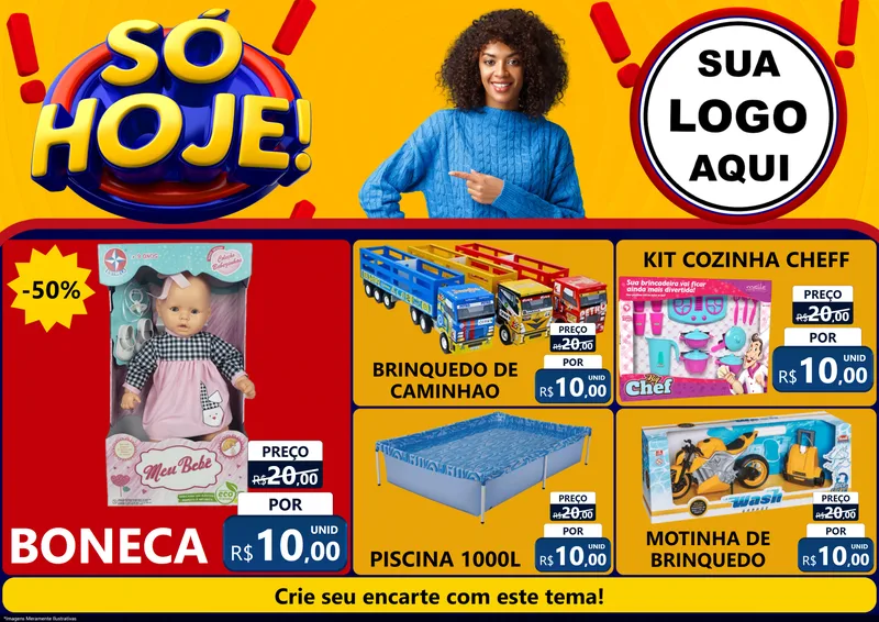 Modelo de Encarte para Encarte A4 Horizontal com o tema Só Hoje! para Brinquedos