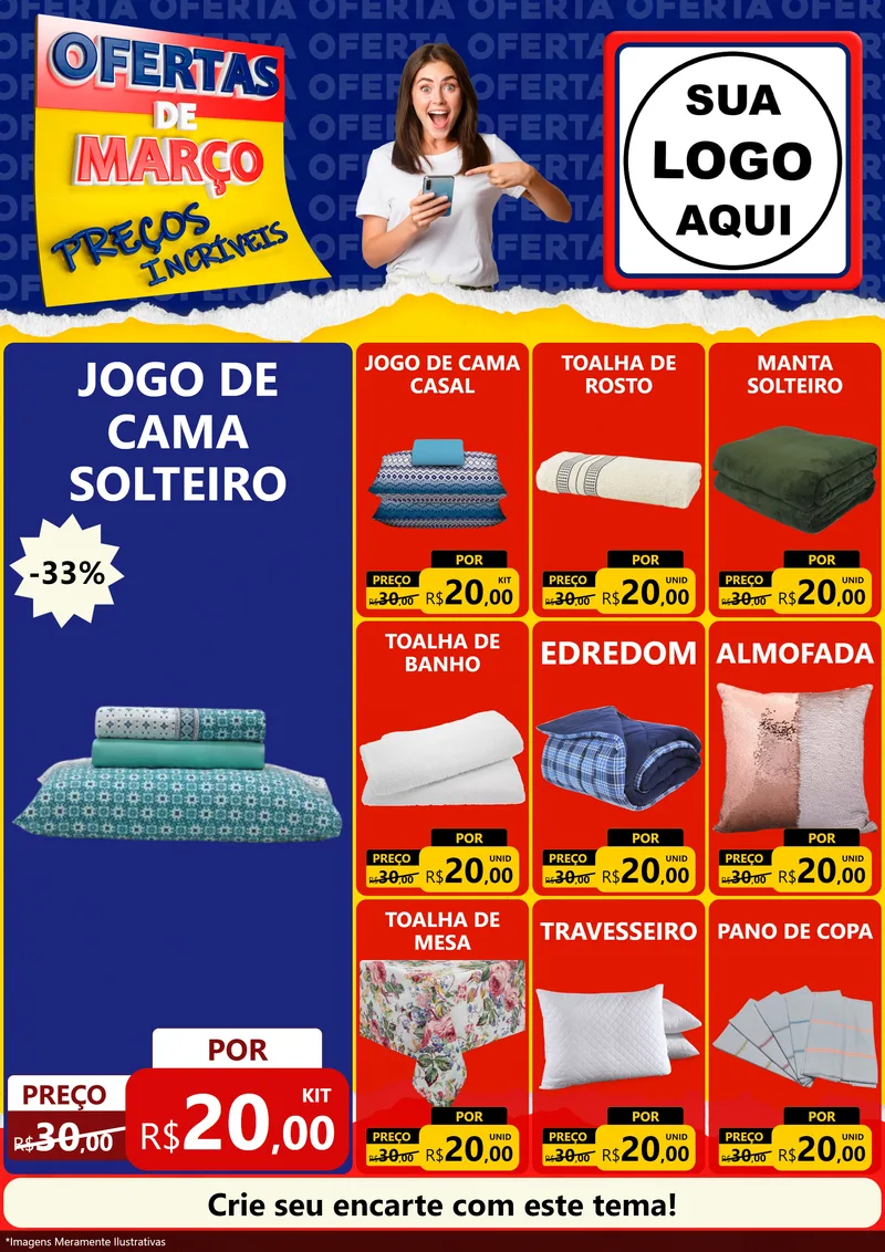 Modelo de Encarte para Encarte A4 Vertical com o tema Ofertas de Março - Preços Incríveis para Cama, Mesa e Banho