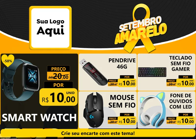 Modelo de Encarte para Encarte A4 Horizontal com o tema Setembro Amarelo para Informática