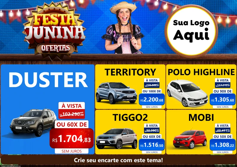Modelo de Encarte para Encarte A4 Horizontal com o tema Festa Junina Ofertas para Concessionaria de Carros
