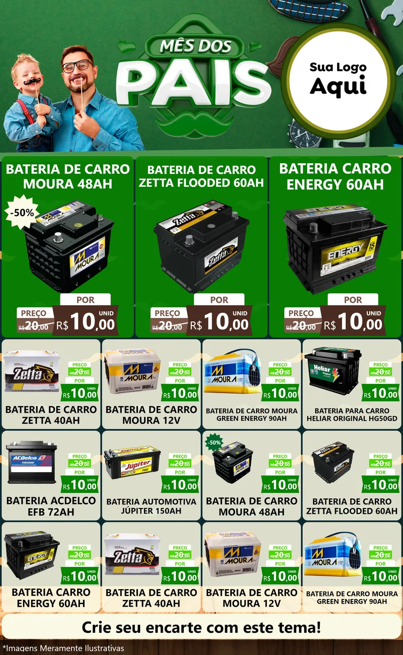 Modelo de Encarte para Encarte Grande com o tema Mês dos Pais para Baterias Elétricas