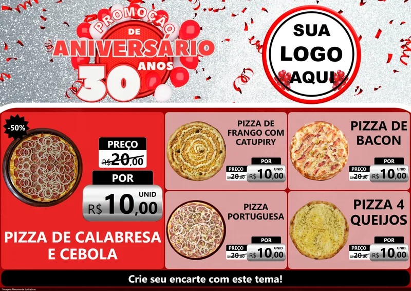 Modelo de Encarte para Encarte A4 Horizontal com o tema Promoção de Aniversário - 30 Anos para Pizzaria