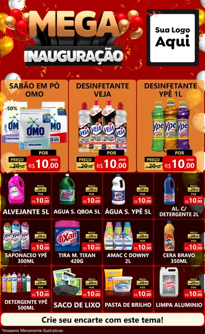 Modelo de Encarte para Encarte Grande com o tema Mega Inauguração para Produtos de Limpeza