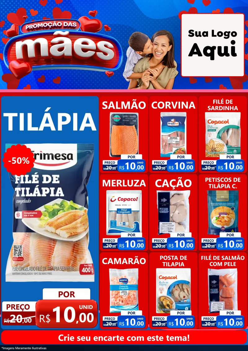 Modelo de Encarte para Encarte A4 Vertical com o tema Promoção das Mães para Peixaria