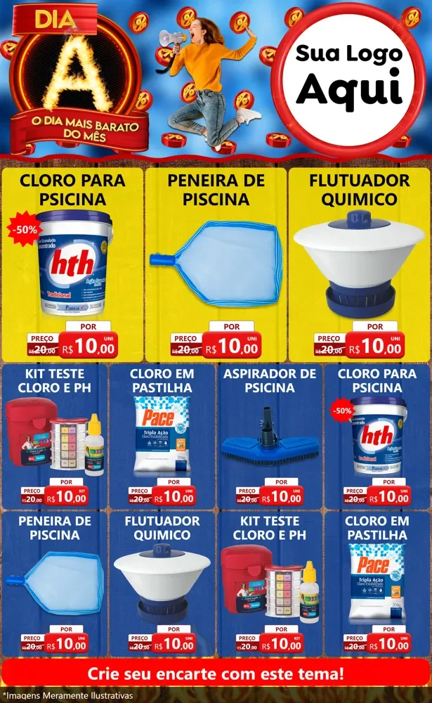 Modelo de Encarte para Encarte Grande com o tema Dia A - O Dia Mais Barato Do Mês para Produtos para Piscina