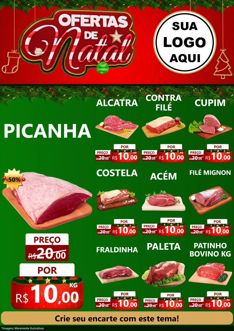Modelo de Encarte para Encarte A4 Vertical com o tema Ofertas de Natal para Açougue