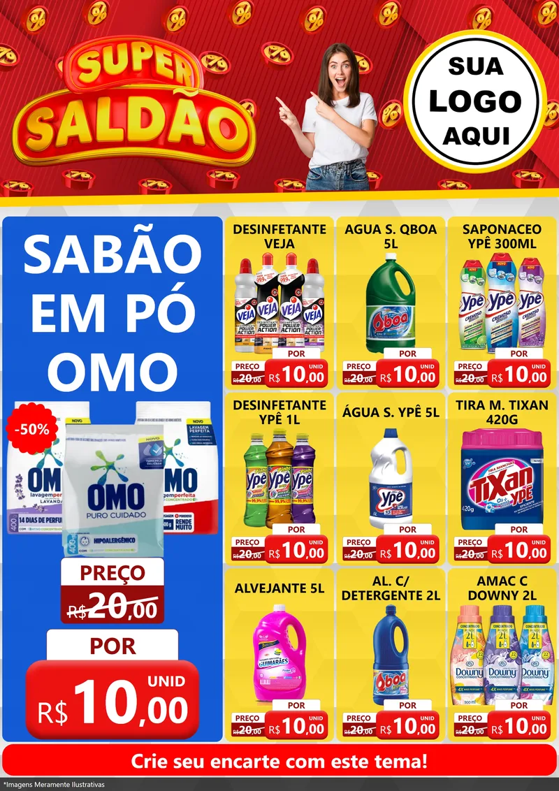 Modelo de Encarte para Encarte A4 Vertical com o tema Super Saldão para Produtos de Limpeza