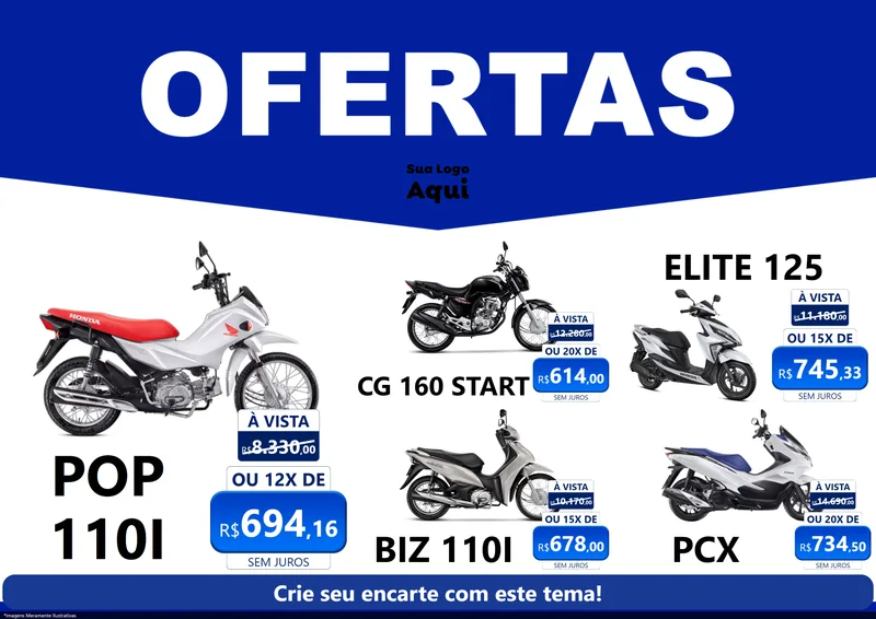 Modelo de Encarte para Encarte A4 Horizontal com o tema Ofertas Azul Cartaz para Concessionaria de Motos