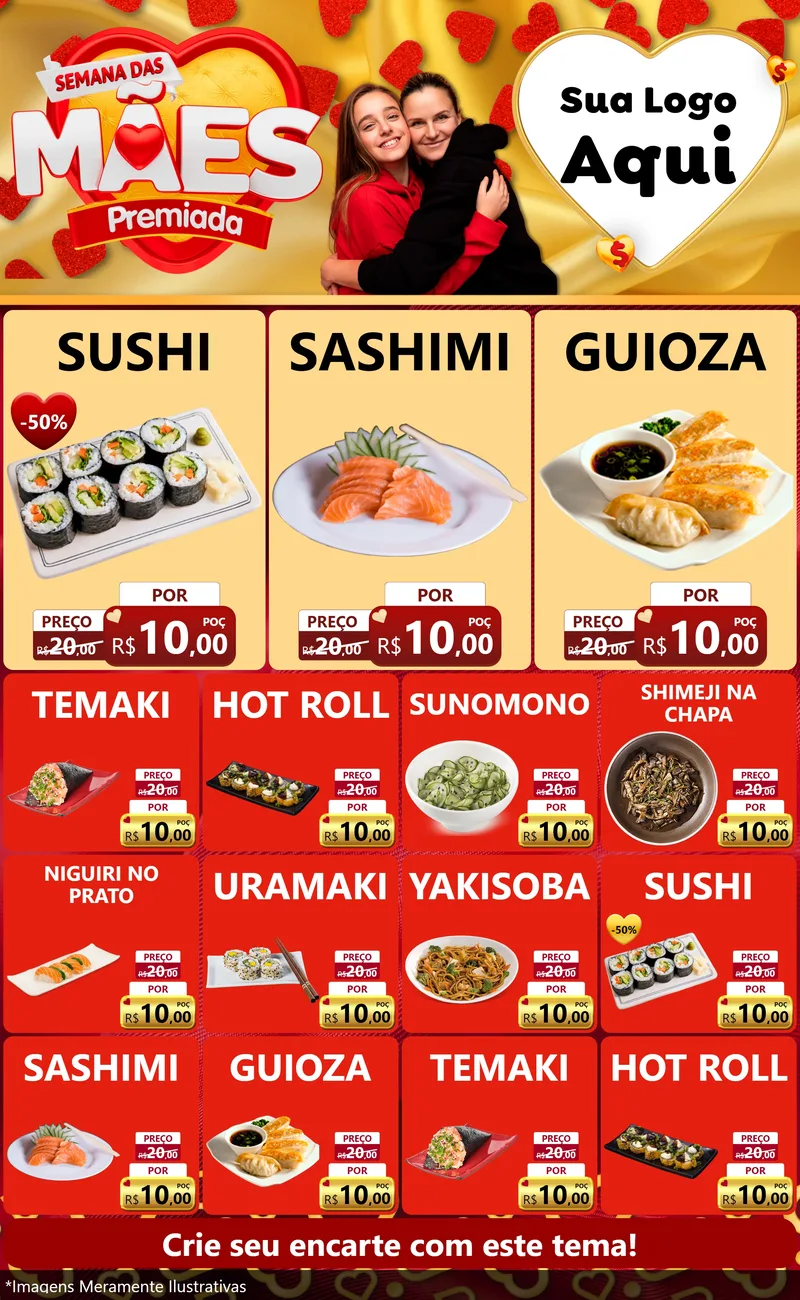 Modelo de Encarte para Encarte Grande com o tema Semana das Mães Premiada para Comida japonesa