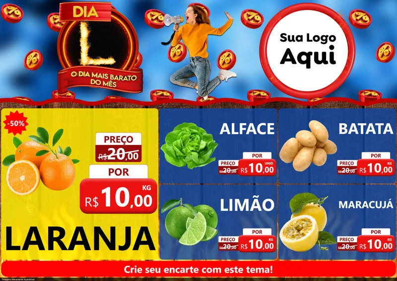 Modelo de Encarte para Encarte A4 Horizontal com o tema Dia L - O Dia Mais Barato Do Mês para Hortifrúti