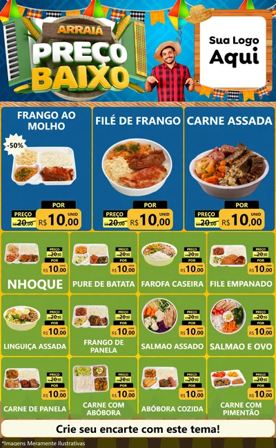 Modelo de Encarte para Encarte Grande com o tema Arraiá de Preço Baixo - Junina para Restaurante